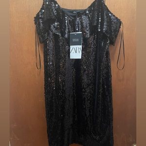 Zara black sequin dress size L new